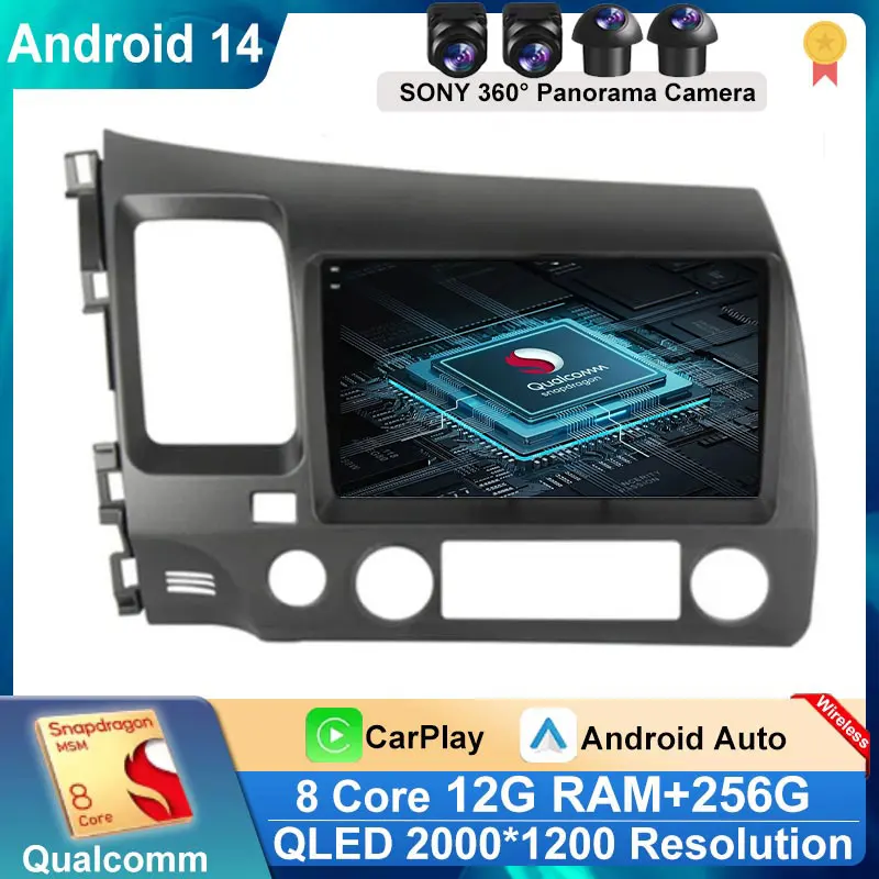 

9 "Android 14 Carplay автомобильное стерео радио для Honda Civic 8 2005-2012 мультимедийный плеер навигация GPS 2 Din 4G аудио без DVD