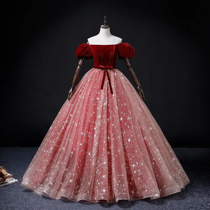 Abiti Quinceanera con paillettes di lusso abito da ballo rosso con maniche a sbuffo classico abito da ballo con spalle scoperte abito elegante De Bal Vestidos