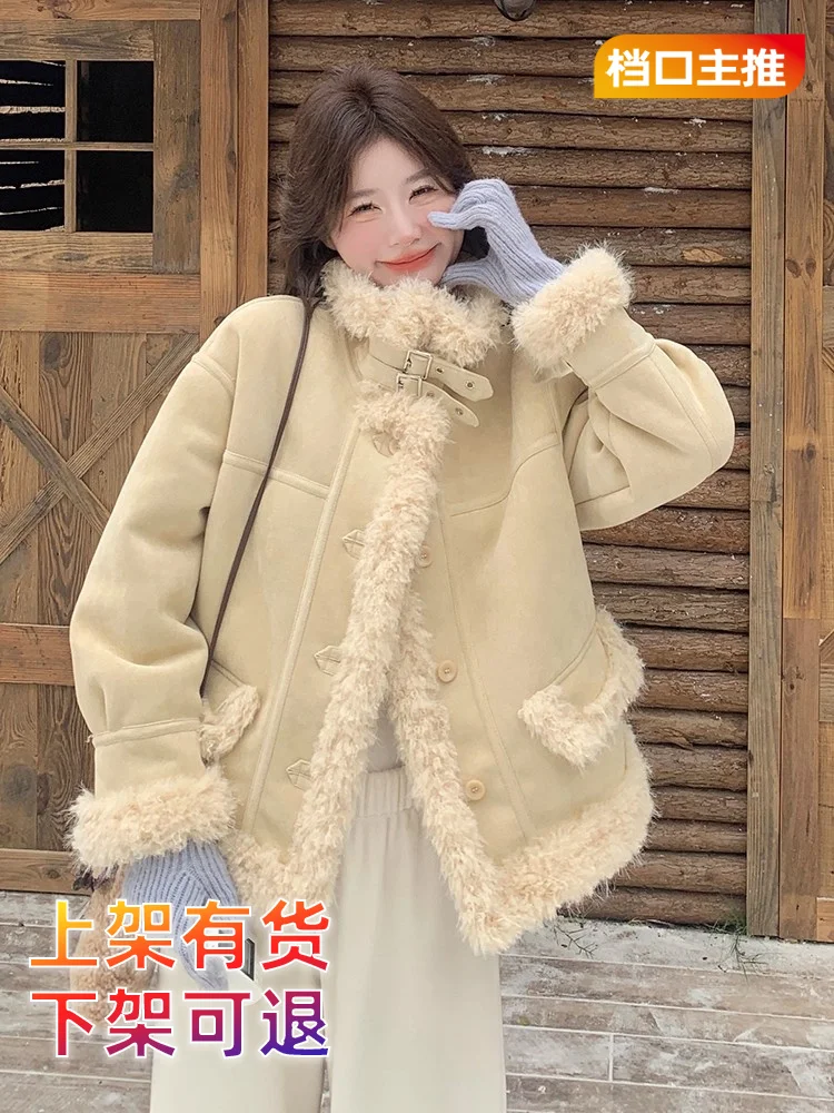 

Korean Fashion Retro Women Pink Yellow Patchwork Long Sleeved Warm Velvet Cotton Coat 2025 Winter Festival Tops Popular Thick