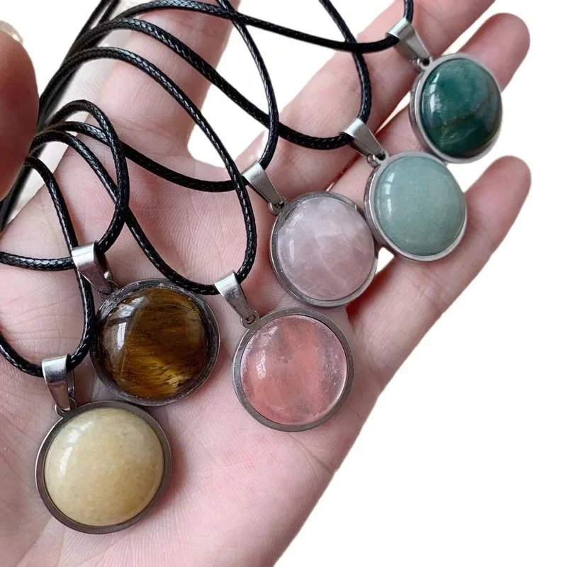 

10pcs/lot 18MM Stone Beads Round Stainless Steel Base Tiger Eye Opal Green Pink Crystal Collar Necklace for Women Men Gift