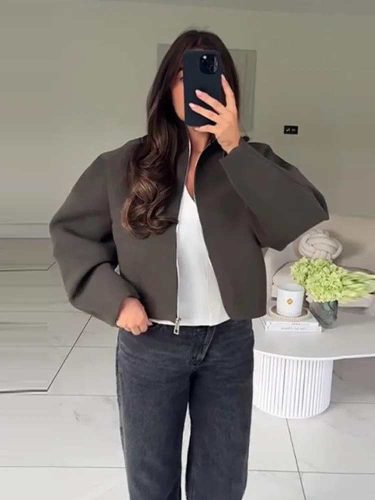 Y2K Stand Collar Zipper Knitted Bomber Jacket Women Elegant Long Sleeve Coat Female High Street Chic