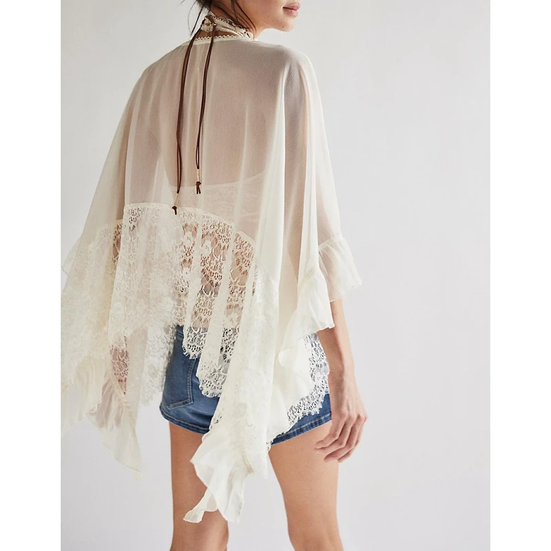 

Combhasaki женская шикарная рубашка-пончо с v-образным вырезом, топы с рукавами «летучая мышь», однотонные прозрачные лоскутные блузки с цветочным принтом