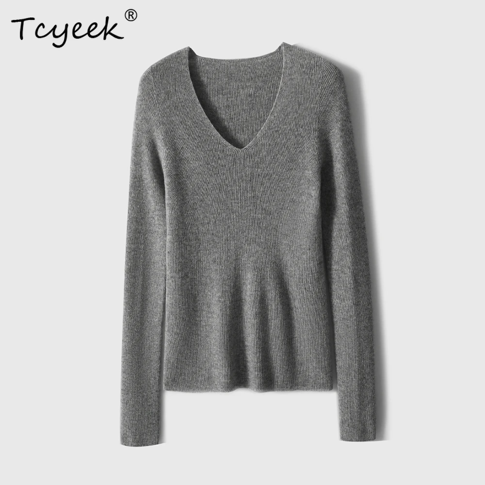 

Tcyeek, 90% Wool 10% Cashmere, Slim Sweater For Women, V-Neck, O-Neck, Fashion OL Top, 2024 Fall Winter Undershirt T49433QM