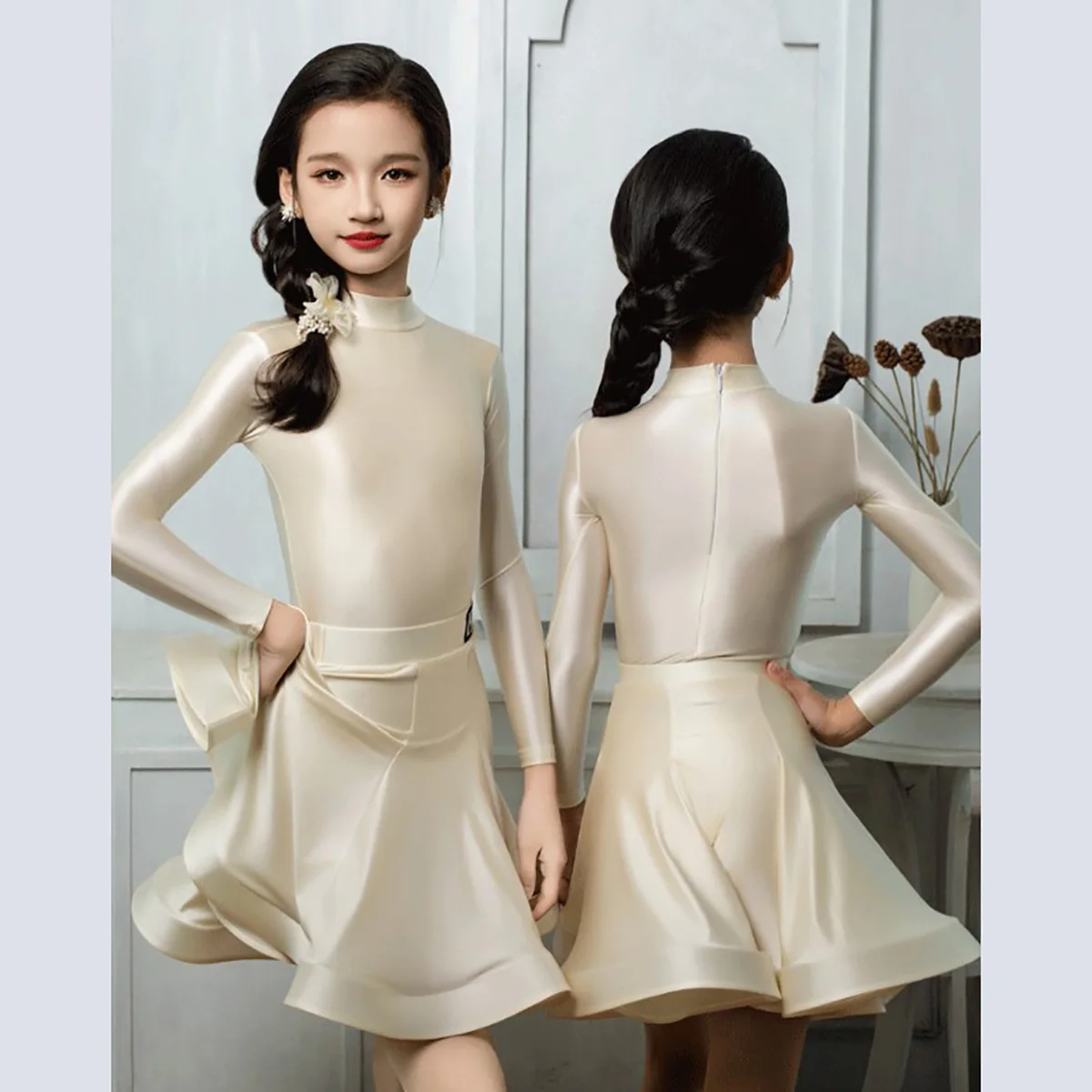 

Children Girls Latin Dancewear Practice Glossy Leather Long Sleeve Bodysuit and Large Skirt Rumba Dance Competition Costume