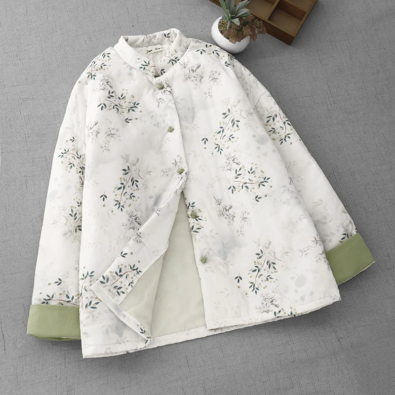 

Warm Cotton Jaet Women's Stand Collar Long Sve Printed Liner Filling Traditional Chinese Sle Coat Upper Body Retro Thi...
