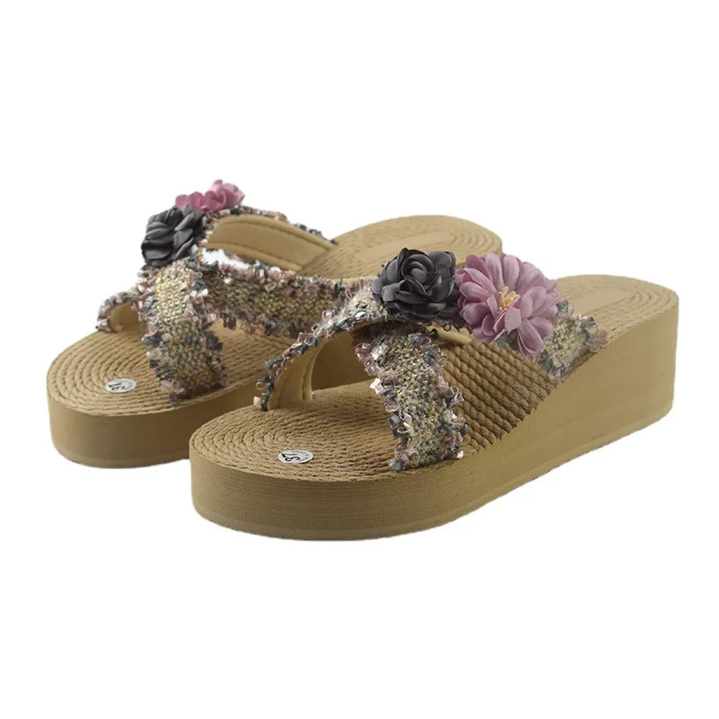 Flower Flip Flops Slippers Women Clip Toe Summer Non-Slip Beach Fashion Wedges Ladies Shoes 2023 Hot Sale Comfy Outdoor Slippers