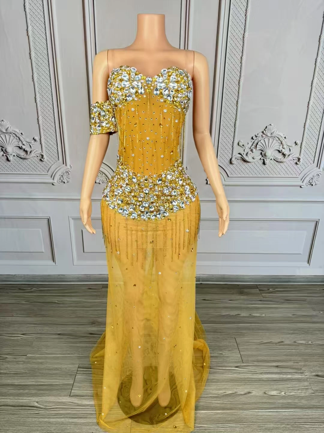 

Rhinestones Chains Sheer Tube Floor-lenghtDress for Women Sexy Transparent CelebrateBirthday Dress Photo Shoot Wear D226