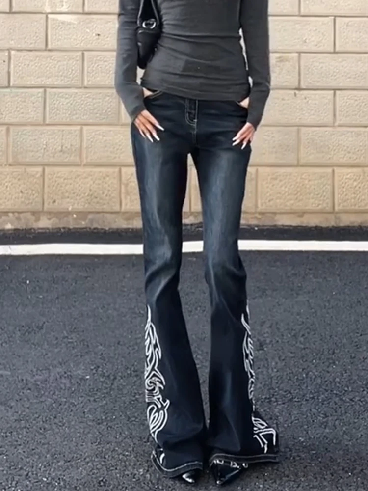 

Retro American High Street Waed Totem Print Jeans Women Slimming Faionable Micro Flared Long Trousers Trendy Pure Color