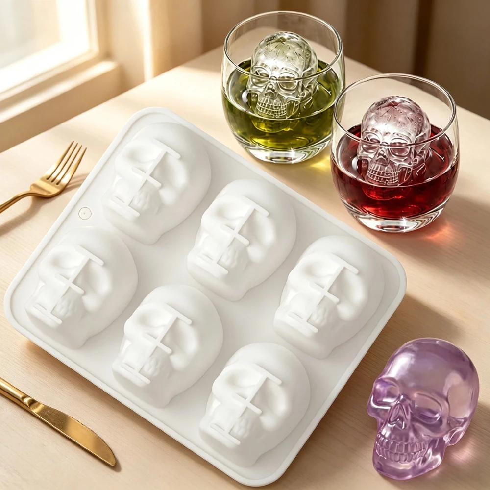 6-Part Skull Silicone Mold for Mousse Cake Halloween Chocolate Pudding Dessert Ice Cube Tray Skeleton Head Cooking Baking Tool view 5