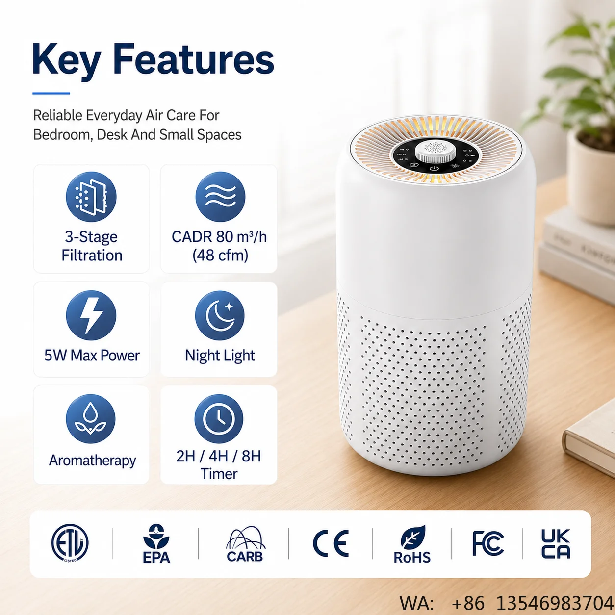 Export Grade P60 Desktop Air Purifier 5W Energy Saving HEPA System for Pet Home Use, US Warehouse Fast Ship, ETL EPA CARB CE
