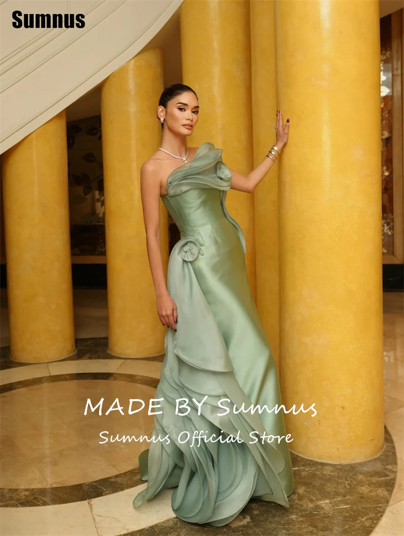 Sumnus 우아한 인어 이브닝 드레스 끈이 없는 3D 꽃 주름 장식 러플 정장 드레스 갈라 فساتين سهرة 맞춤형