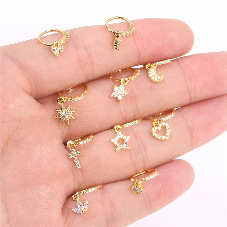 Crystal CZ Septum Hoop Nose Rings Dangle Charms Golden Jewelry Cartilage Piercing Helix Earring Tragus Daith Rook Lobe Earrings view 4