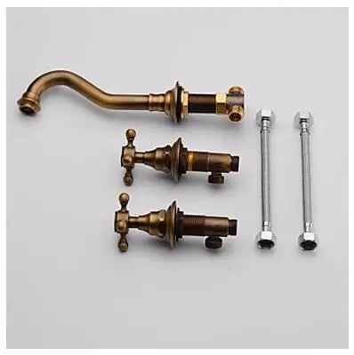 Vintage Wall Sink Faucet Brass ,Bathroom Basin Water Mixer Hot & Cold Crane Wall Mounted Dual Handle Widespread Faucets Separate