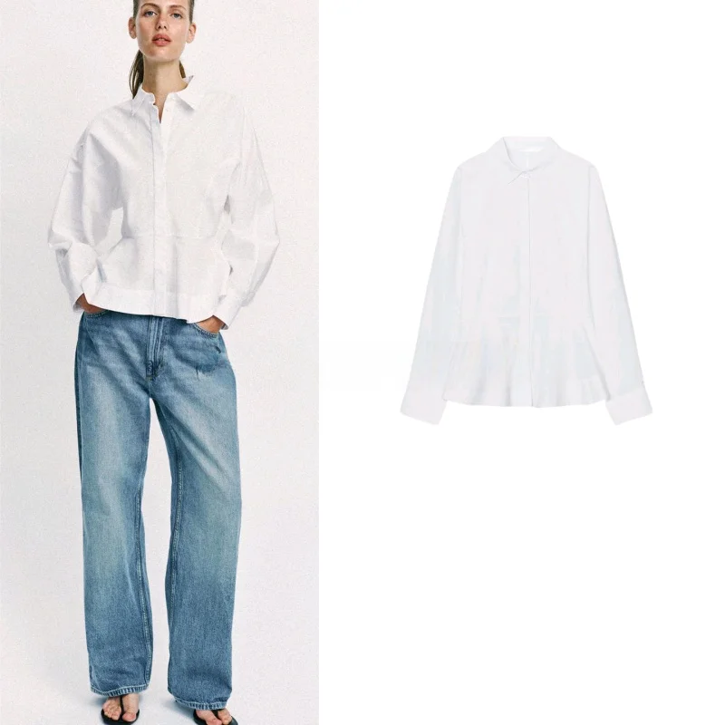 

Spring New Arrival Women's Minimalist Style Long Sleeve Turn-down Collar Nine-point Short Skirt Shirt Top Breathable Polyester