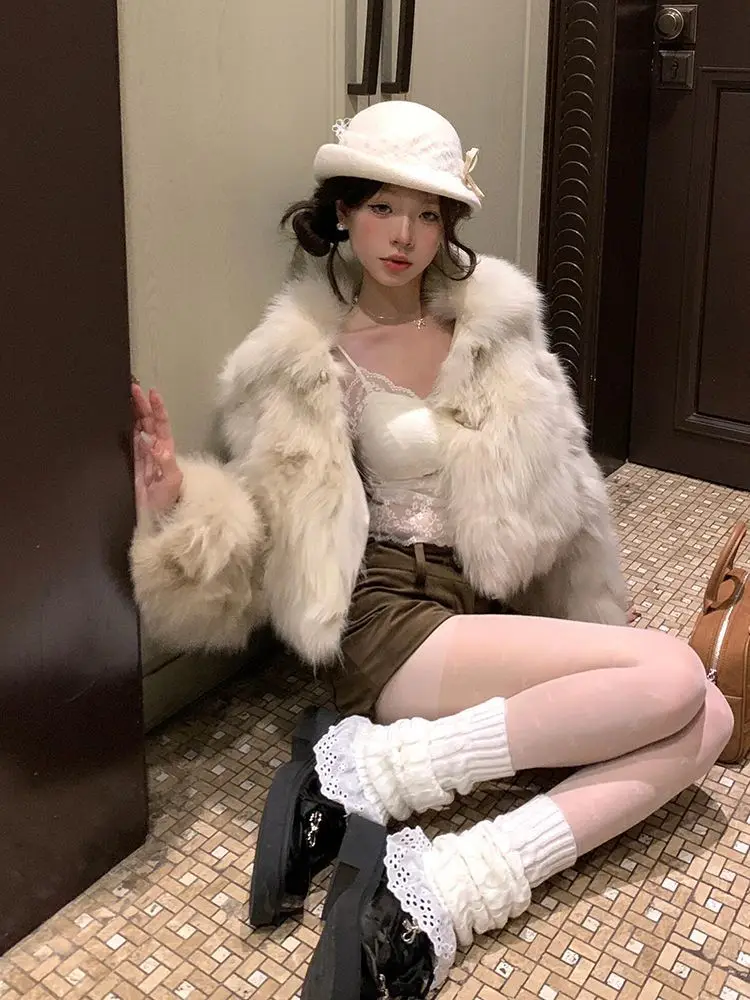 Faux Fur White Coat Coats Womens Snow Popular Cozy Fitted Leather Cashmere Regular Embroidered Patch Stand-Up Waistless Femme OL