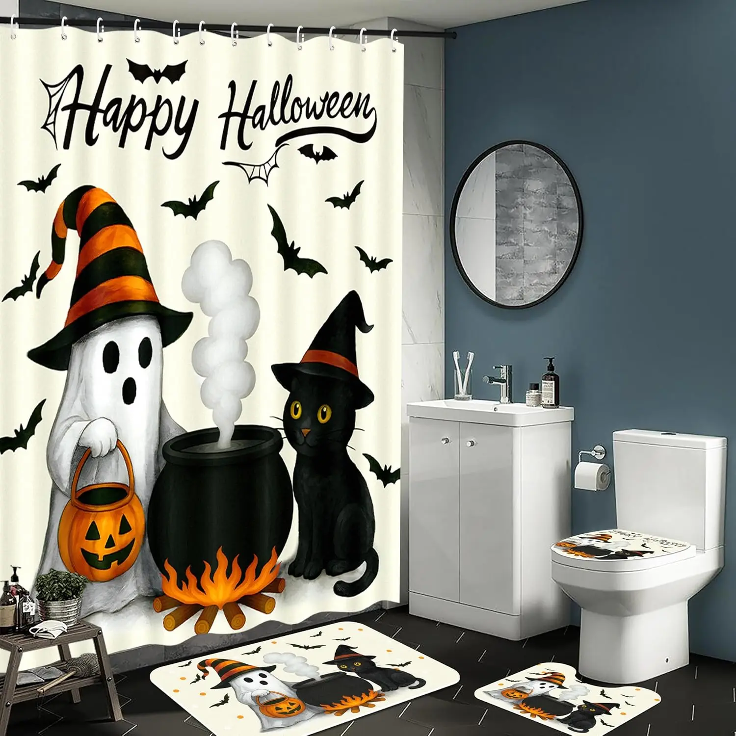4Pcs Halloween Bathroom Shower Curtain Decor Sets Ghost Cat Pumpkin Rug Bath Mat Toilet Lid Cover Spooky Decorations with