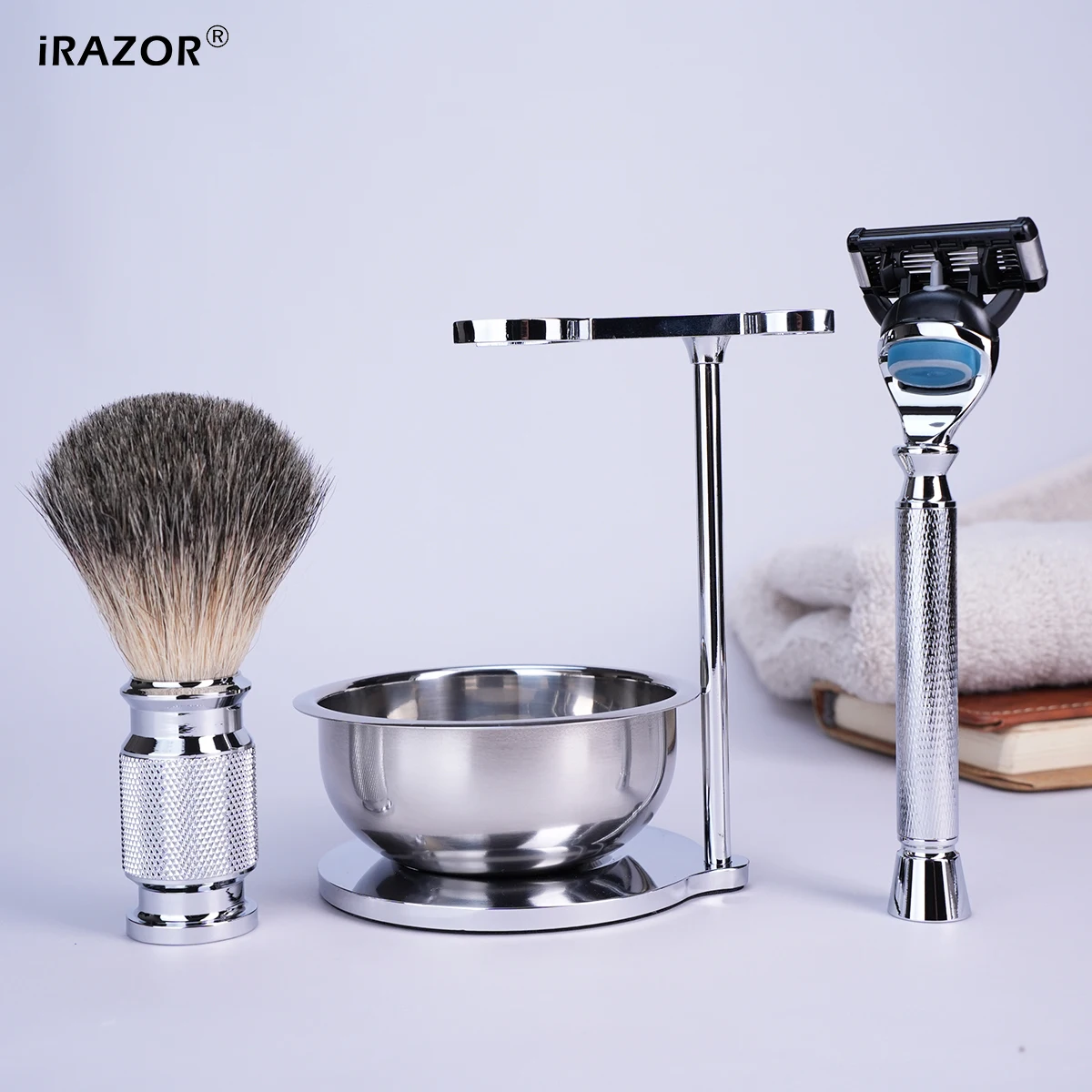 irazor-men‘s-luxury-shaving-set-grooming-kit-with-badger-brush-fusion-5-razor-stand-bowl-wet-shave-system-for-smooth-shaving