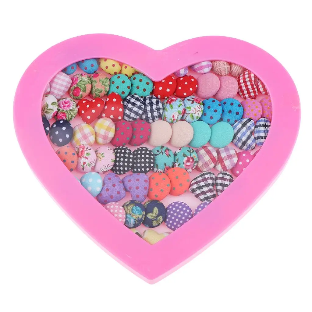 36 Pairs Women Retro Dots Fabric Button Earrings Set Round Heart Stud Earrings