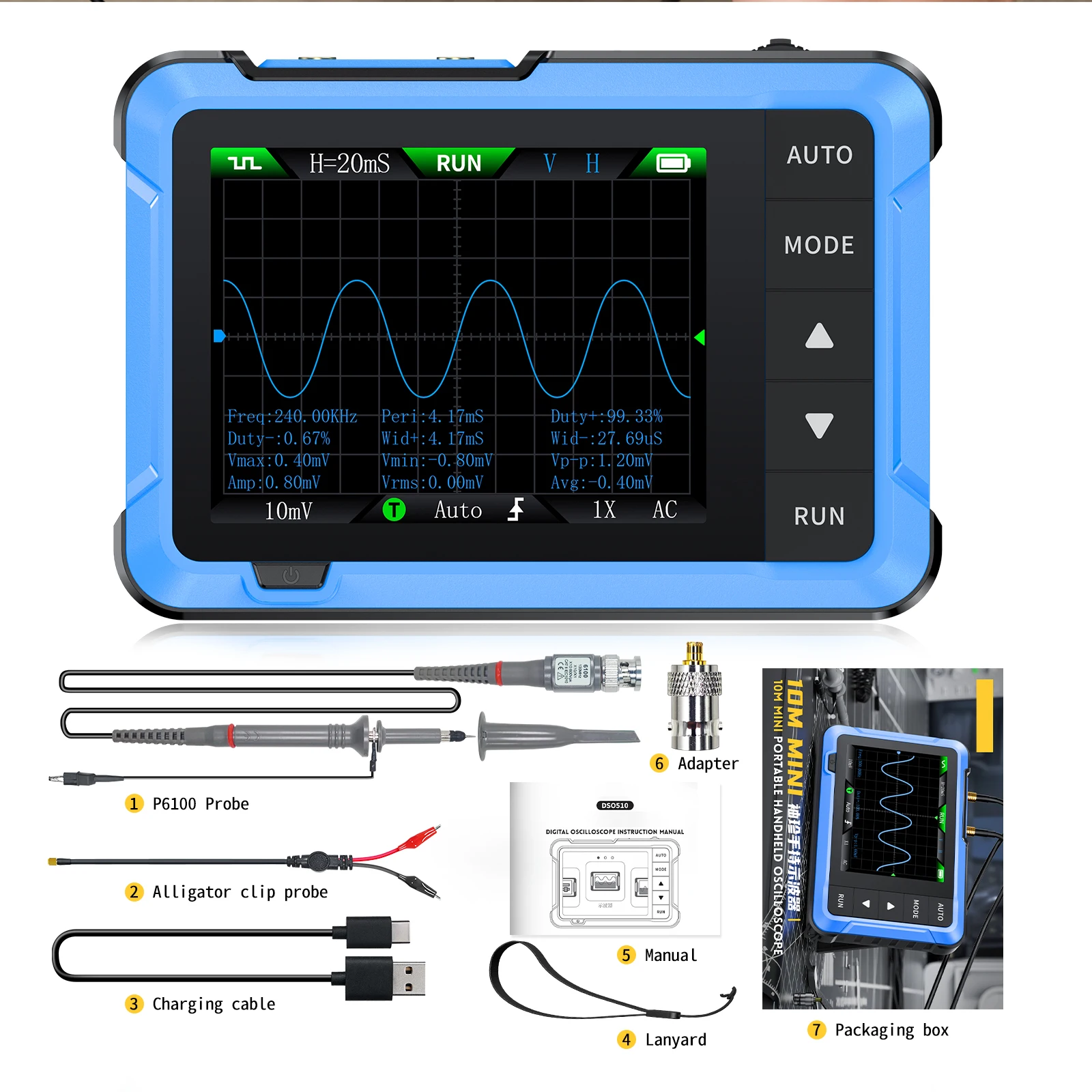 Handheld Oscilloscope 1MHz 5MS/s Signal Generator 10kHz ±400V Portable for Repair DIY Holdpeak