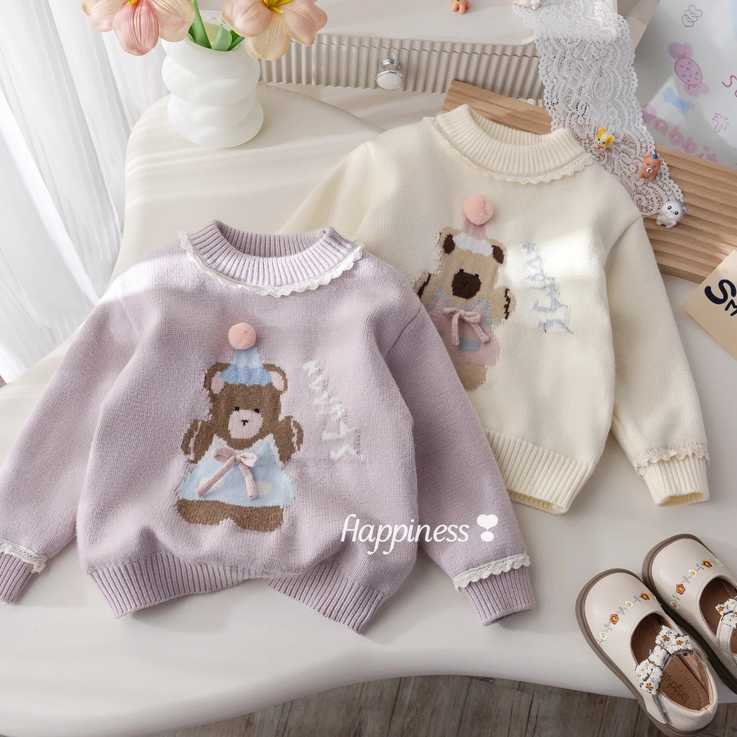 

Winter Kids Baby Girls Sweater Bear Jacquard Knit Thicken Warm Toddler Girls Pullovers New Knitwear Casual Little Girls Sweater