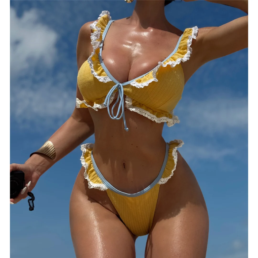 Neuer Bikini mit Rüschen und V-Ausschnitt, Spitze, Damen-Badebekleidung, zweiteiliger Bikini-Set, hoher Beinausschnitt, Badeanzug, Badebekleidung, V7844 – Detail 2