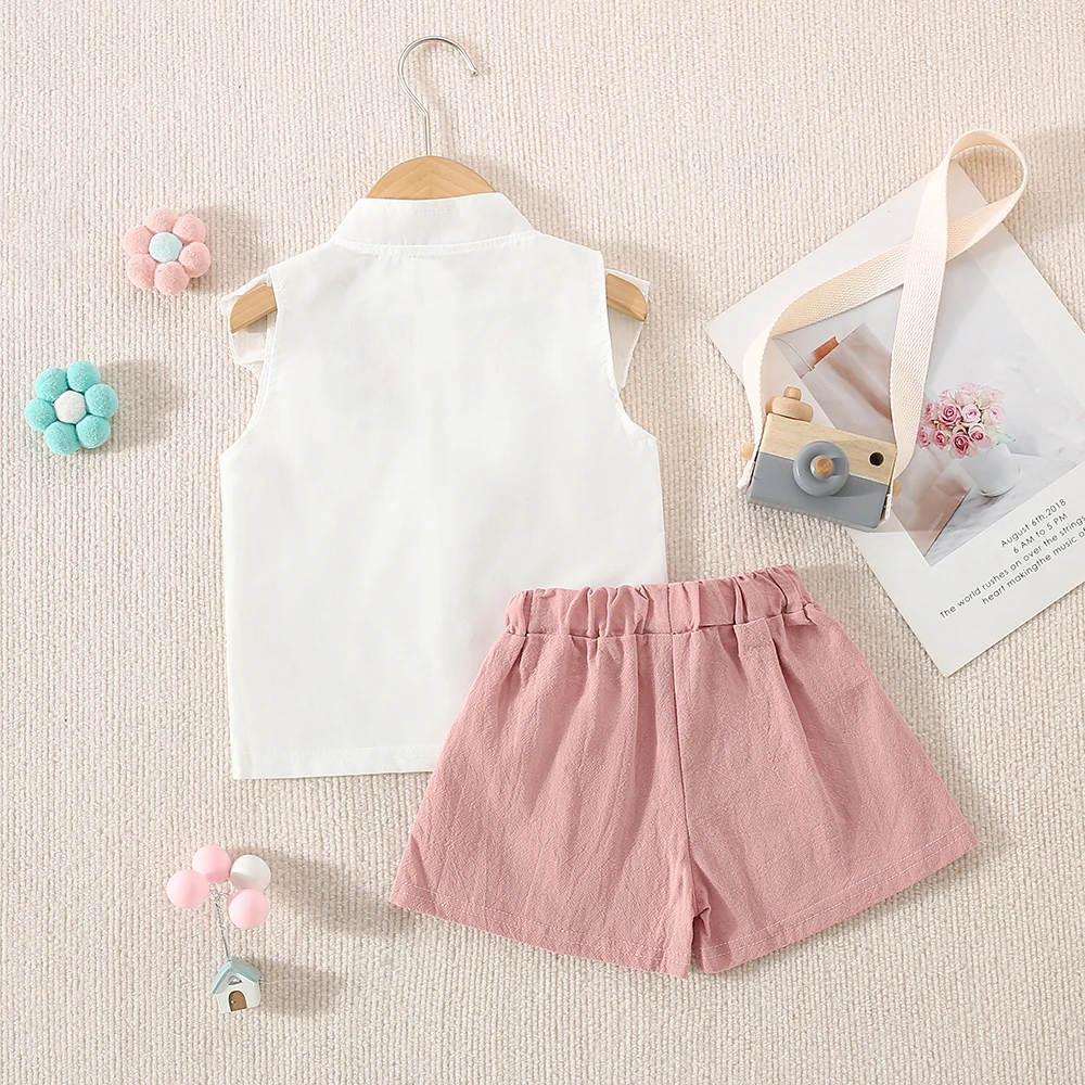 Summer New Girls' Two-Piece Set Lace Flower Embroidery Bow Two-Piece Set Loose Casual Two-Piece Shorts