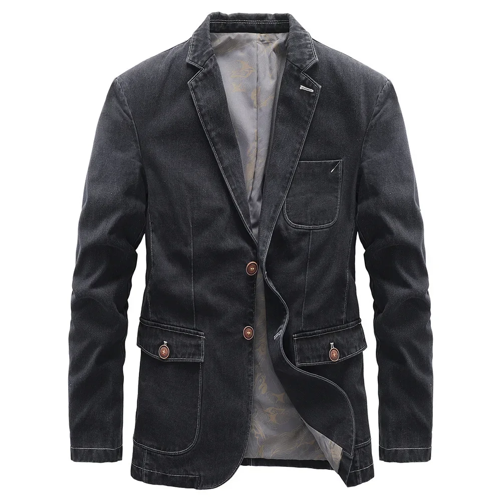 

New Man Denim Coat Vintage Thin Turn Down Collar Long Sleeve Male Jacket Washed Solid Pocket Business Casual Men Outerwear