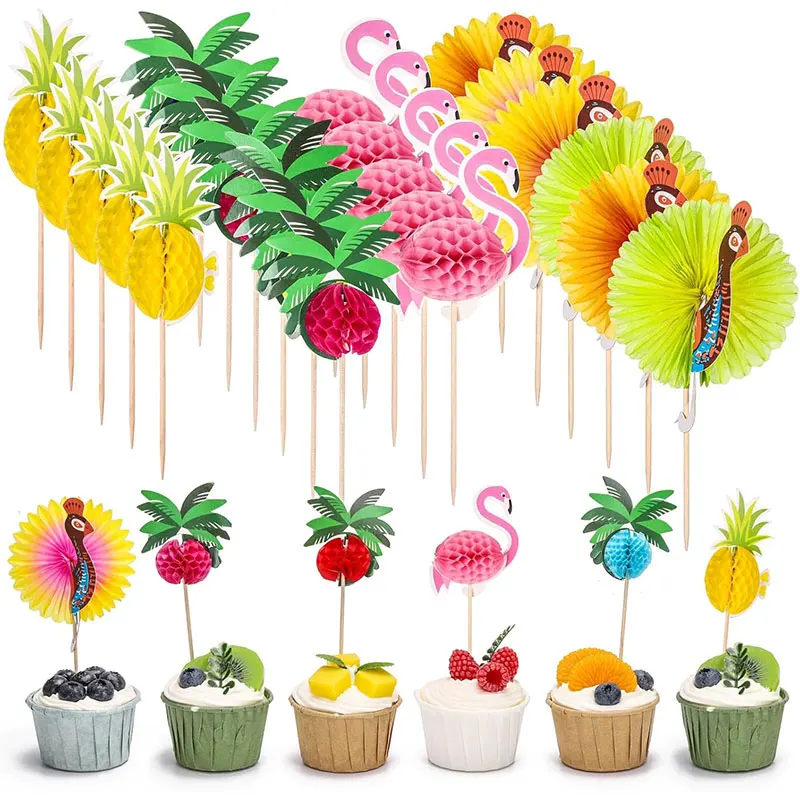 Cocktail Picks Hawaii Fruit Sticks Tropical Themed Bamboo Sticks Flamingo Pineapple Palm Picks For Summer Beach Birthday Party