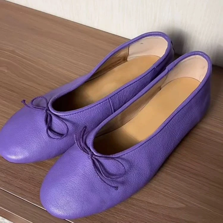2026 Neue Damen-Ballerinas: Sanfte und elegante lila Ballerinas mit runder Spitze und Schleifen, bequem und flach