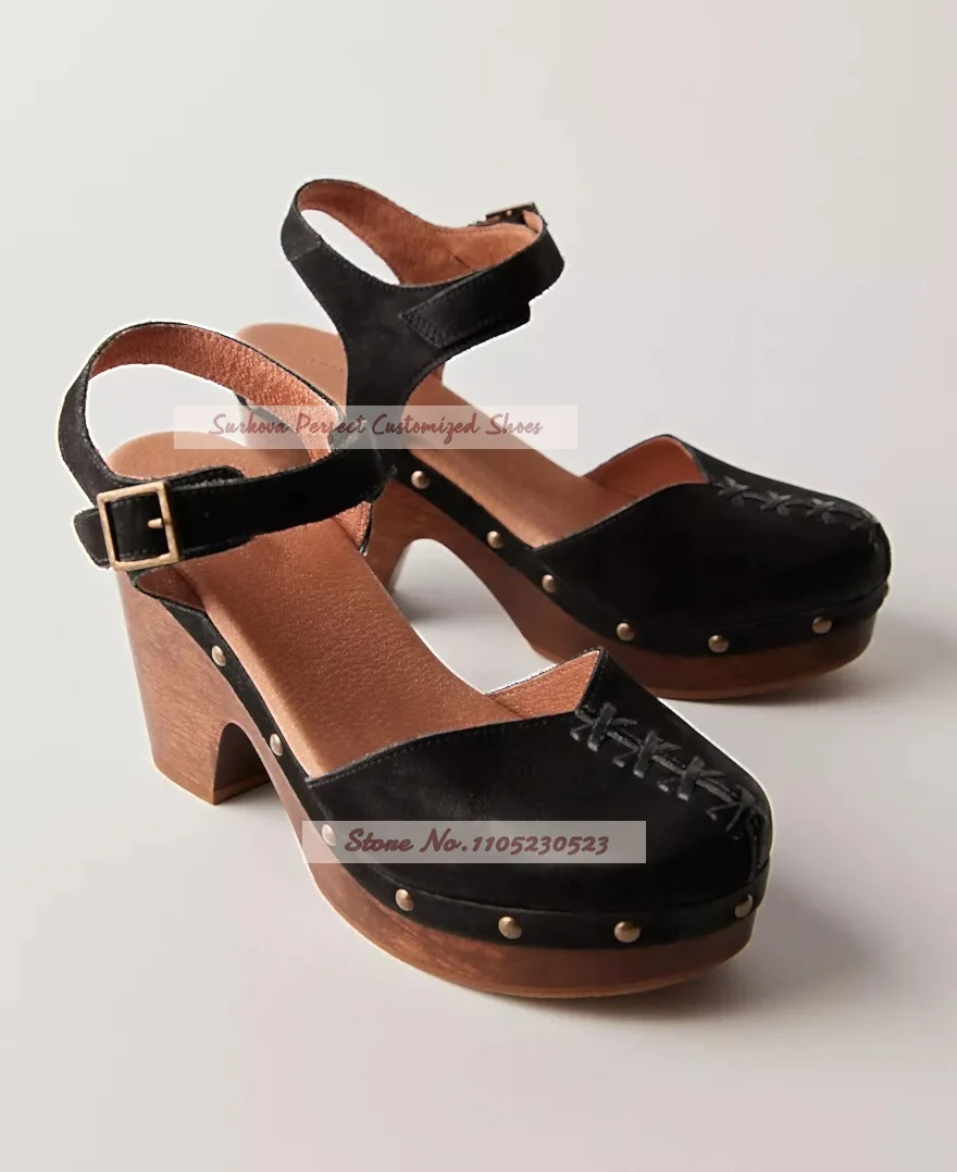 Women Vintage Wooden Clog Sandals Ankle Strap Buckle Studded Decor Block Heel Dress Shoes Retro Stylish Stitch Party Shoes
