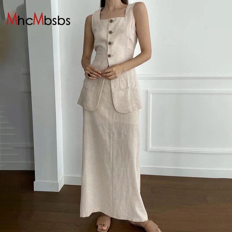 

Women Slim Brown Cotton 2 Piece Sets Retro Outfit 2024 Summer Elegant Sleeveless Tank Top With High Waist Long Skirts Suits