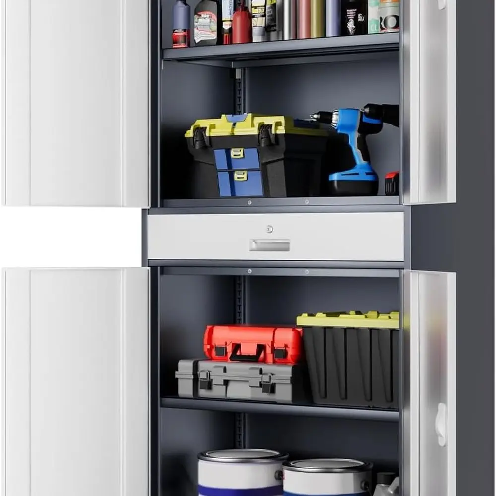 

Серо-белый 73 шкаф для инструментов из вращающейся стали с 1 ящиком, 4 колесами, запираемыми дверцами и полками для гаража, офиса, домашнего использования