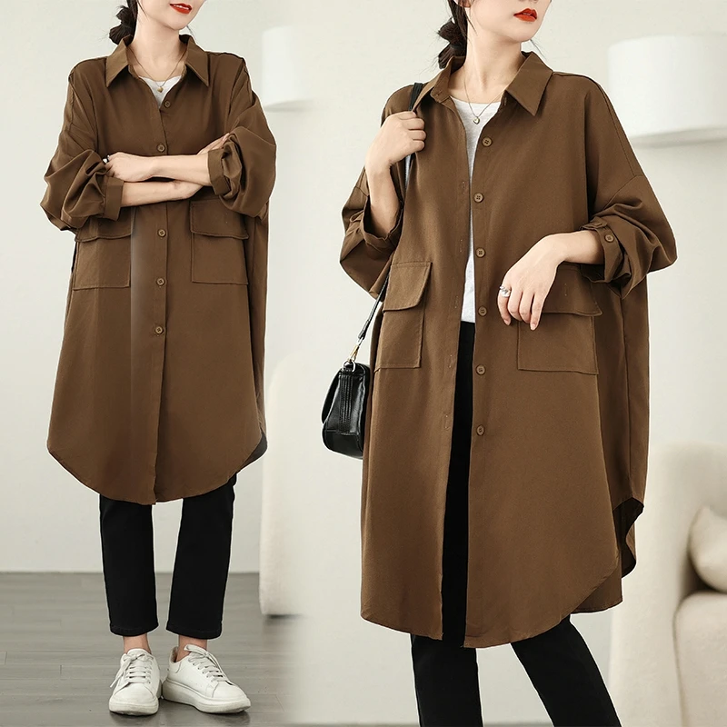 

Women's Loose Fit Long Sve Windbreaker Coat Autumn Faion plus Size Comfortable Hong Kong Sle Lazy Casual irt Jaet