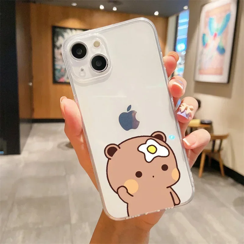 Funny Bear Lovers Couple Clear Phone Case For iPhone 16 14 11 12 13 15 Pro Max Mini SE 8 15 Plus Paired Transparent Cover Shell