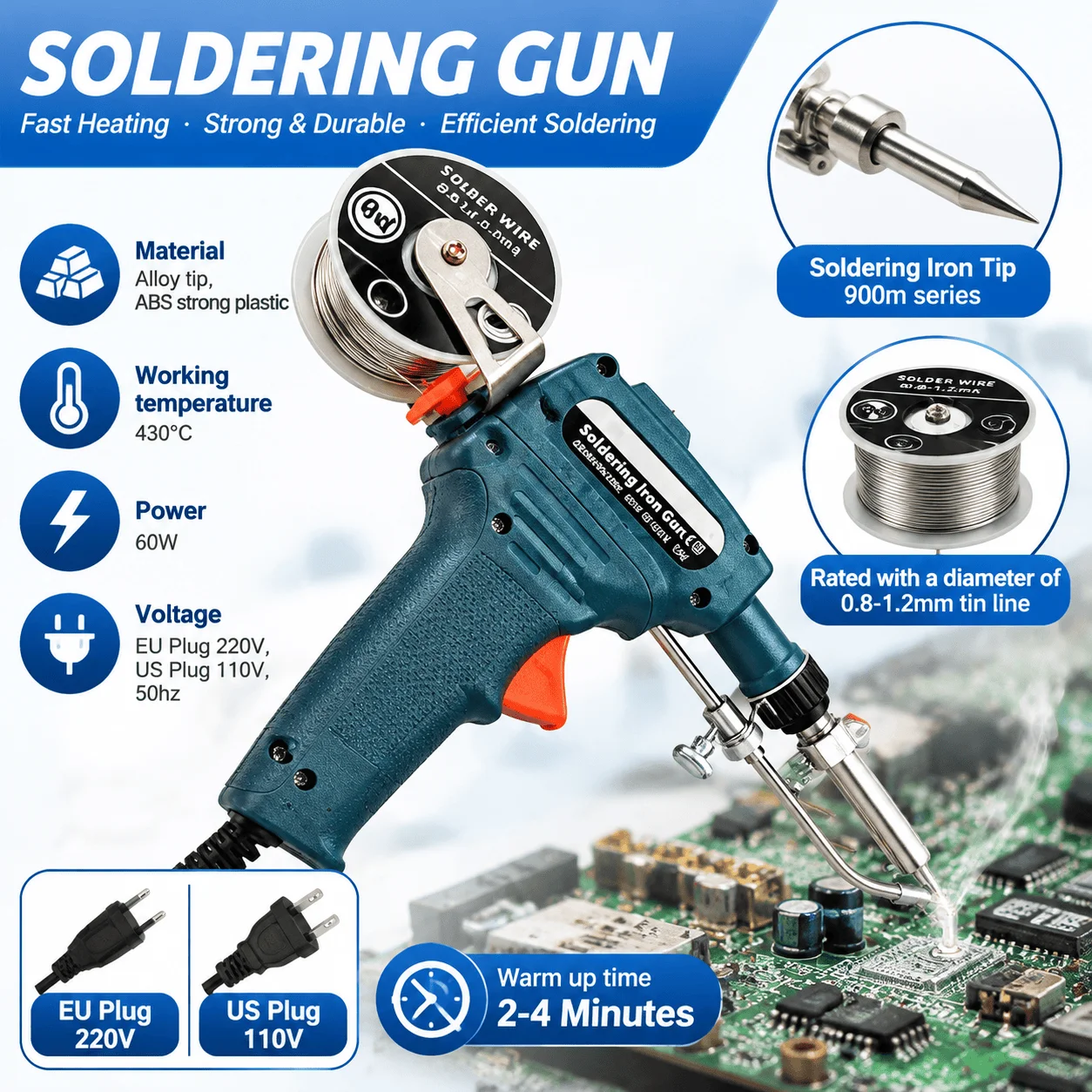 60W Electric Soldering Iron Kit Temperature Adjustable Fast Heat Up Dual Voltage 110V 220V Automatic Wire Feed Soldering Station for PCB Repair Electronics Maintenance Tool with Stand and Desoldering Pump