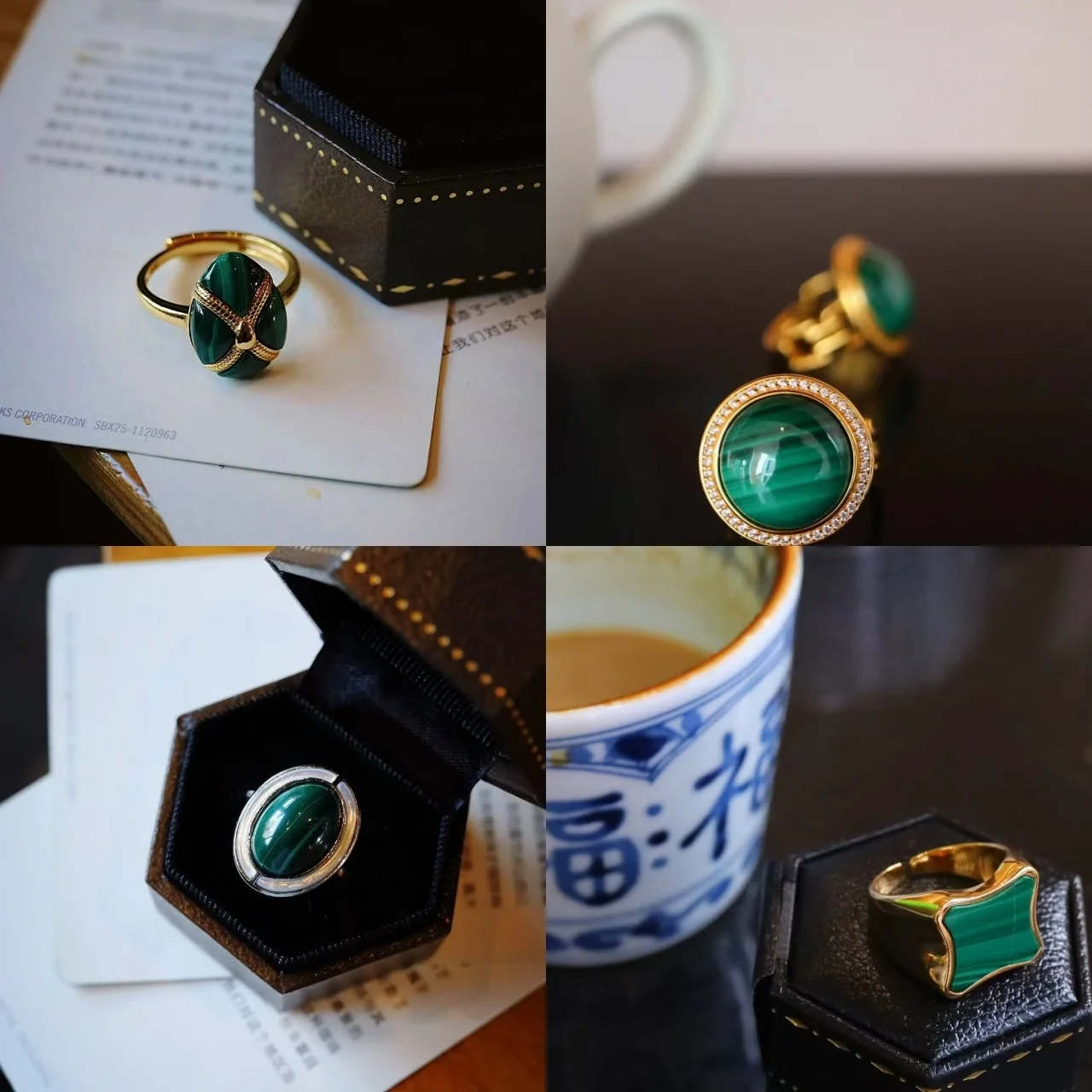 

Certificated 925 Silver Natural Malachite Rings Designer Fashion Genuine Green Gems Clover Chunky Bold Finger Band Fine Jewelry