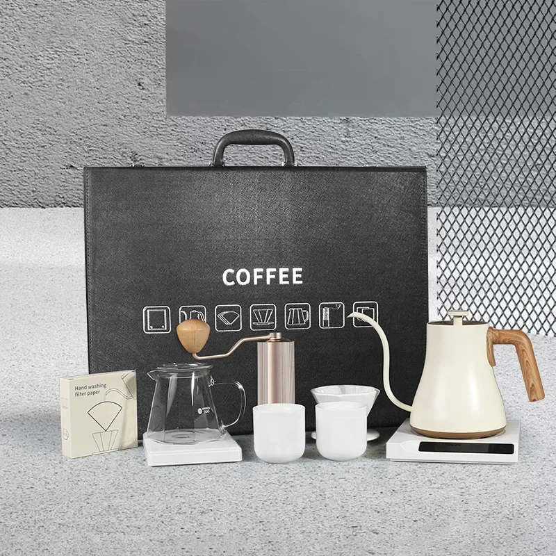 NIBU Portable 8pcs Coffee Gift Box With Grinder Leather Suitcase Coffee Kit Hand Brewed Coffee Set