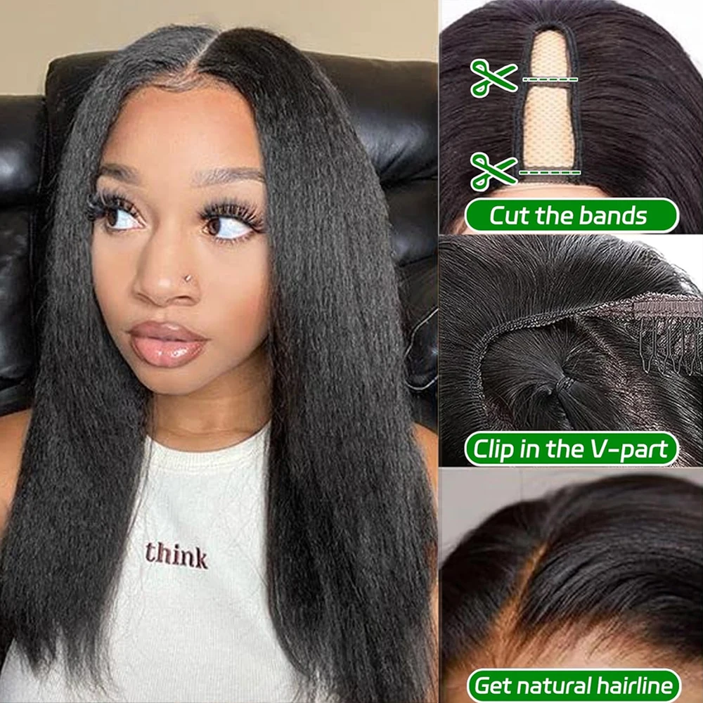 Kinky Straight V Part Wig for Black Women Yaki Straight Synthetic Hair Upgrade U Part Half Wigs No Leave Out No Glue Wigs 22Inch image 2
