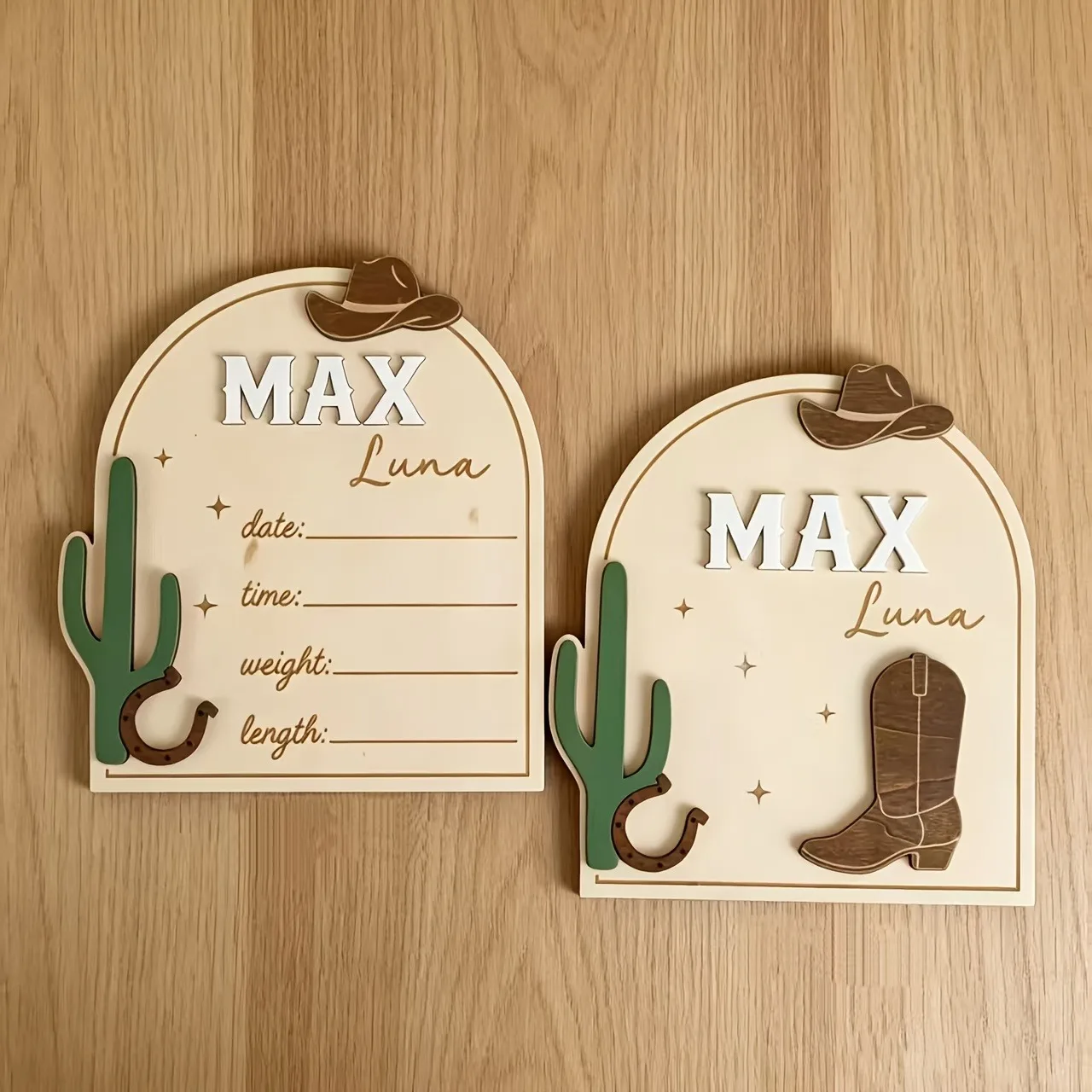 Custom Wooden Sign|Cowboy Baby Birth Announcement Plaque| Western Style Baby Name & Birth Info Sign With Cowboy Hat & Boots, Per