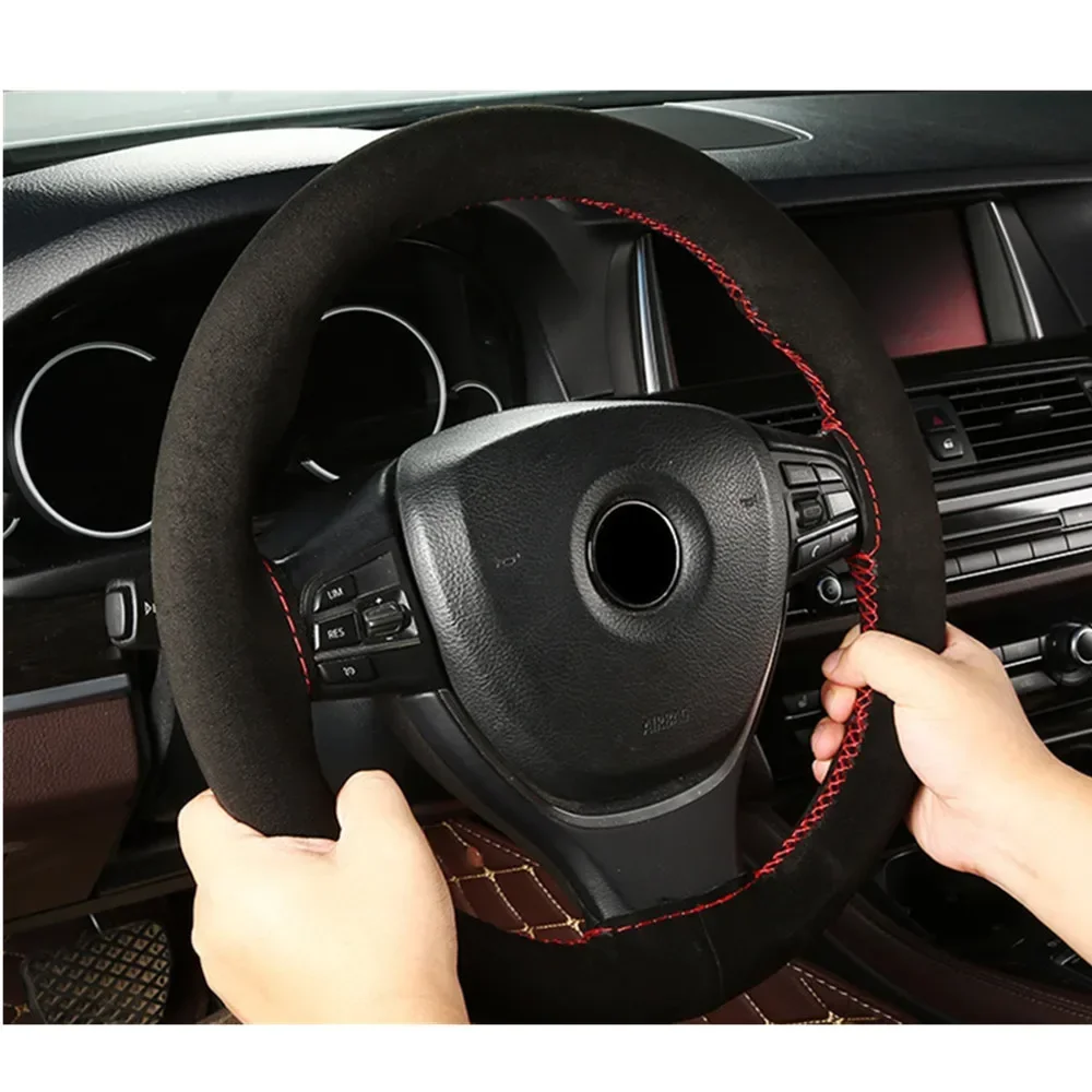 38cm Suede DIY Steering Wheel Cover Genuine Leather Braided Car Steering Wheel Pad Liner Protection Cover Anti Slip Interior