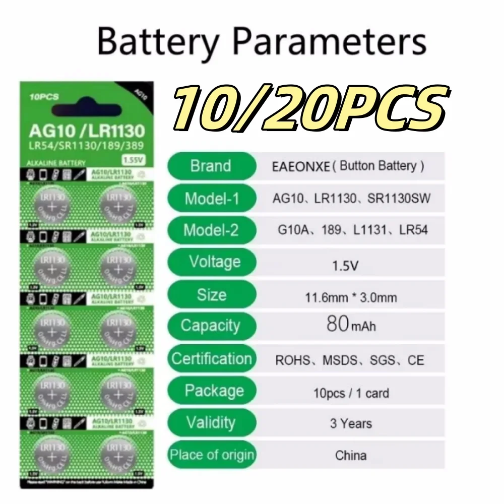 10~20Pcs AG10 SR1130 LR1130 189 Button Pilas Batteries 389 LR54 L1131 389A 1.5V Alkaline Coin Cell For Clock Watch Battery