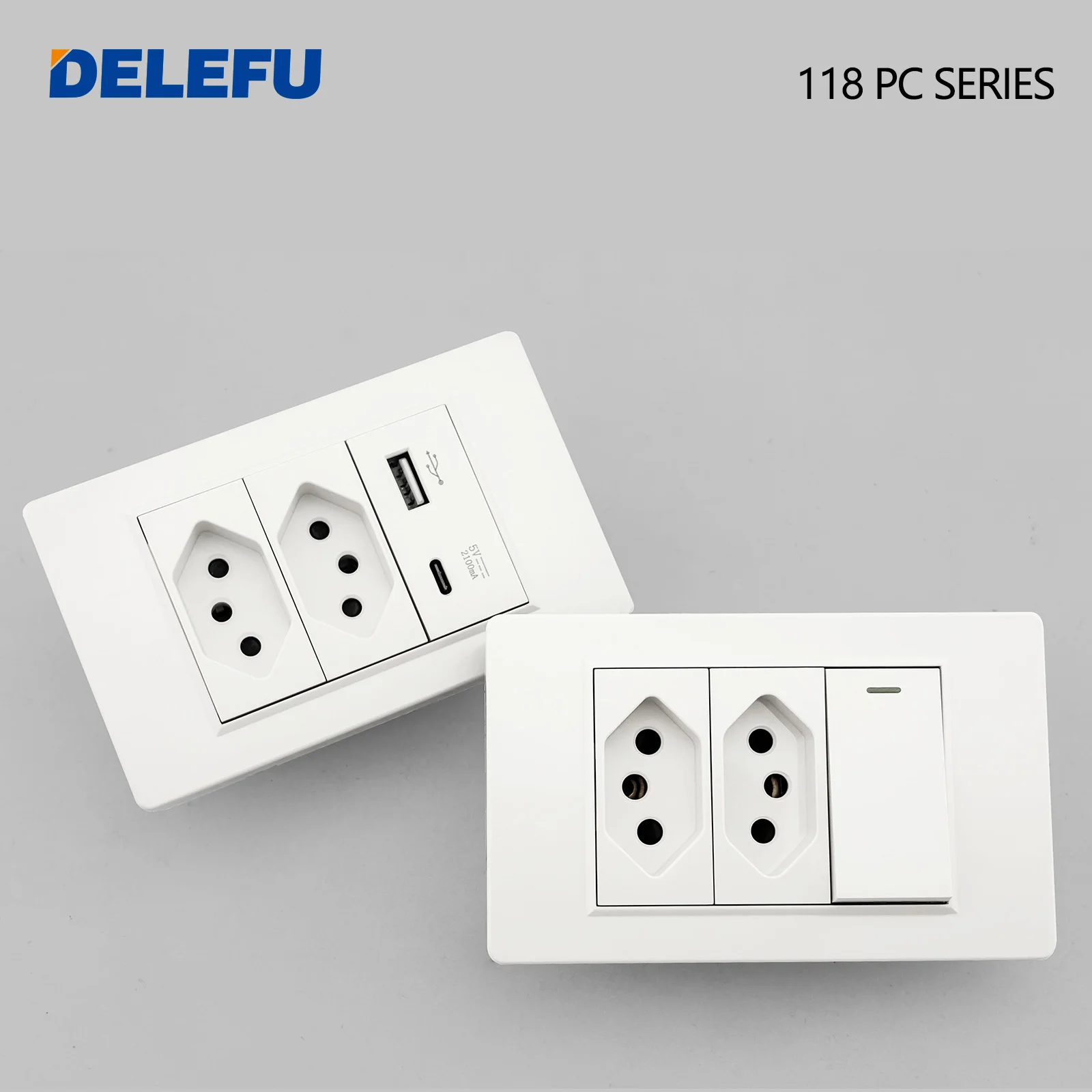 Tomada de parede padrão brasileiro DELEFU com painel de PC branco, tomada dupla USB tipo C, interruptor de iluminação, plugue para eletrodomésticos 10A 20A