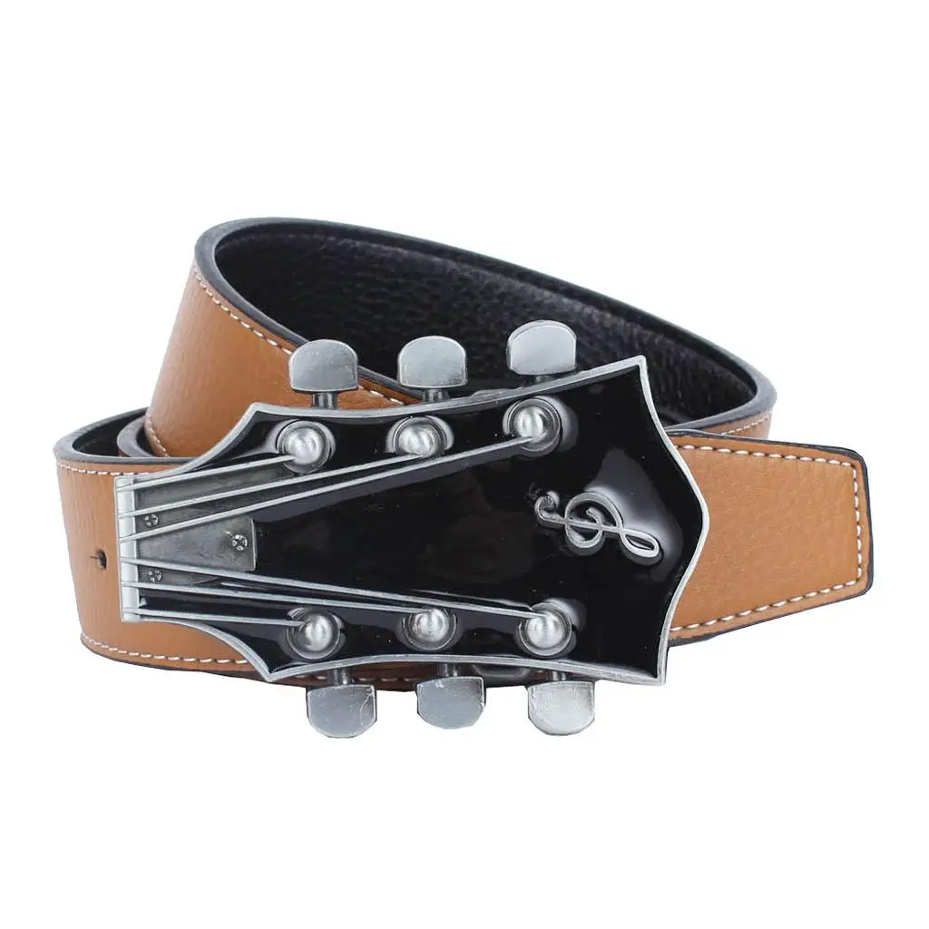 Western Cowboy Country Style Guitar Buckle Vintage Leather Belt Waistband Casual Belt Waist Strap for Women Men