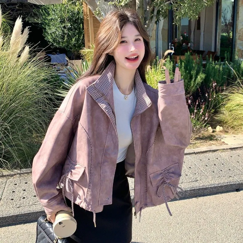 Vintage Tie Dye Pink Niche Korean Jacket Women Gingham Collar Drawstring Bow Pockets Cropped Loose Fit Casual Daily Outfit 2026