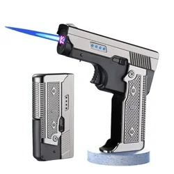 Windproof Folding Gas Electric Dual USB Lighter Metal Turbine Jet Blue Flame Torch Dual Arc Charging Lighter Men's Gift