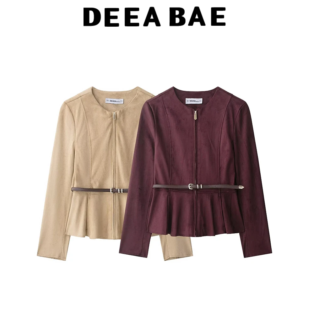

DEEABAE Autumn women's round neck long sleeved jacket with waistband and suede short skirt style jacket