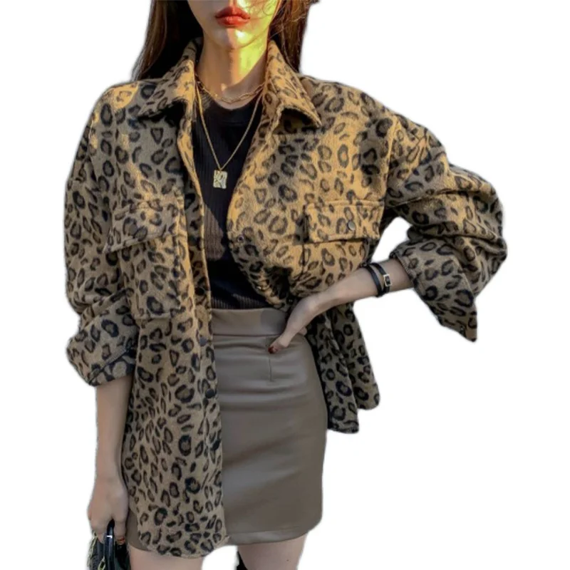 Manteau en laine imprimé léopard rétro pour femme, automne-hiver, Design ample, sens, col irt, boutonné