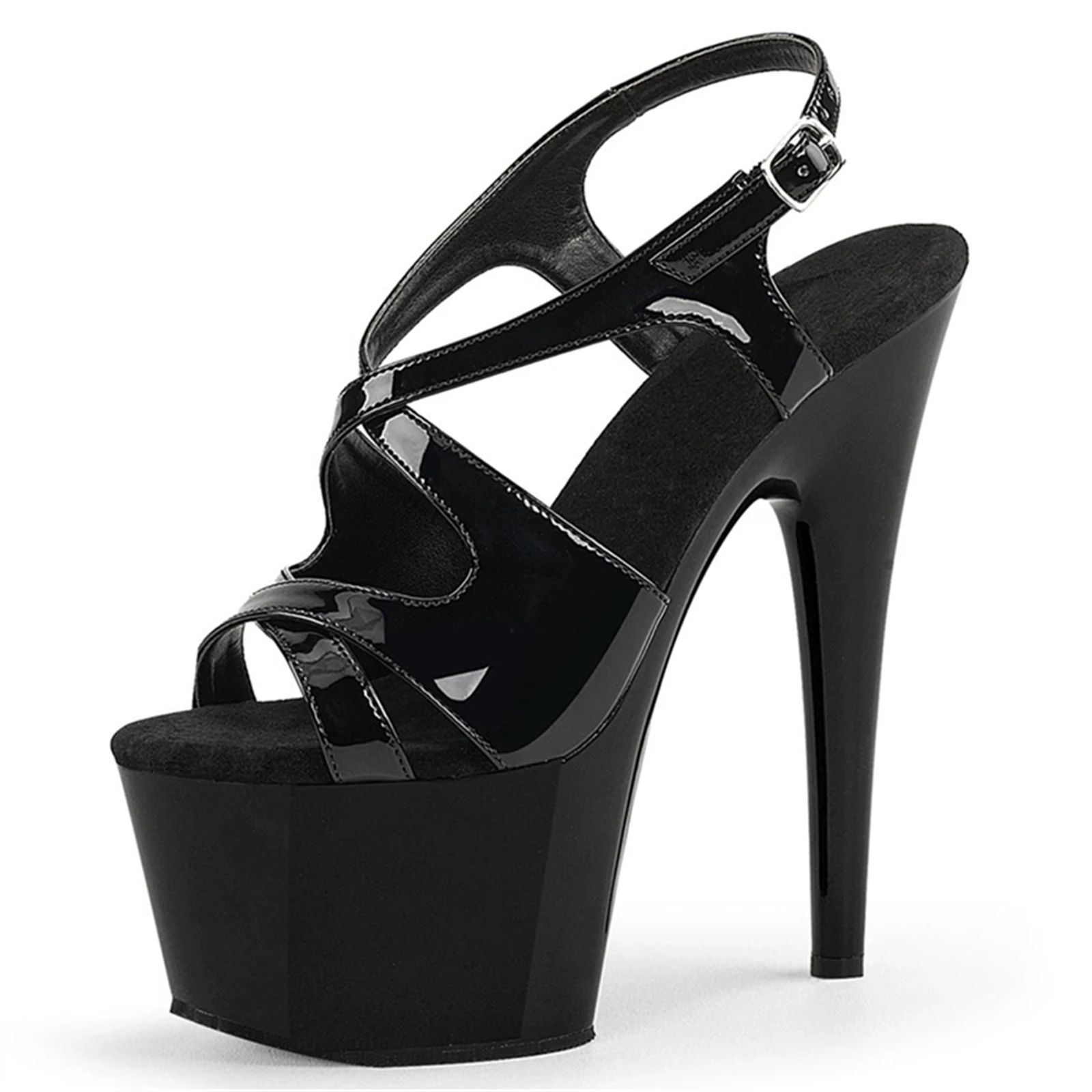 

Готические босоножки Dominator на каблуке 17 см — черные лакированные сандалии крест-накрест с пряжкой в стиле милитари и VIP-обувь на массивной платформе