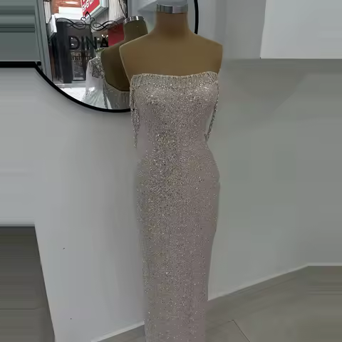 New Full Sequin Mermaid Evening Dress Shiny Beaded Crystal Tassel Formal Prom Dress Strapless Engagement Party Dress Customized