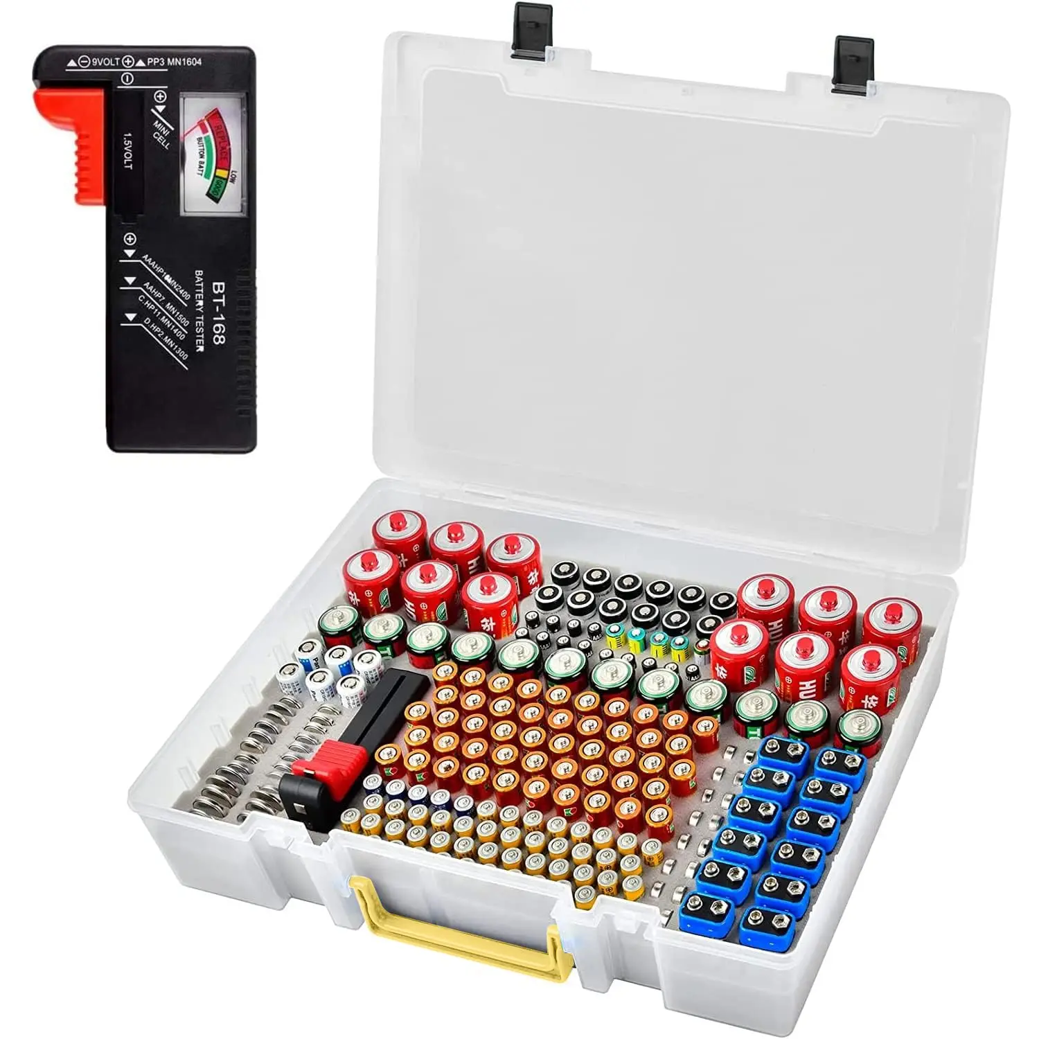 Battery Organizer Storage Holder- Batteries Case Containers Box with Tester Checker BT-168. Holds 225 Batteries AA AAA C D